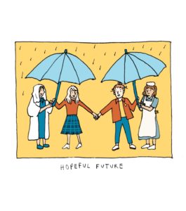 An illustration of four women all holding umbrellas for each other and staying dry